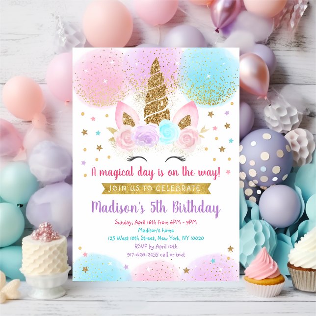 Unicorn Birthday Pink Gold Rainbow Invitation (Creator Uploaded)