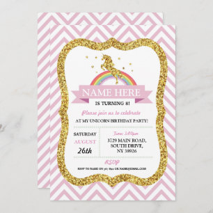 Unicorn Birthday Pink Party Gold Glitter Rainbow Invitation