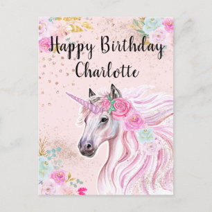 Unicorn Birthday Pink Teal Floral Custom Name Postcard
