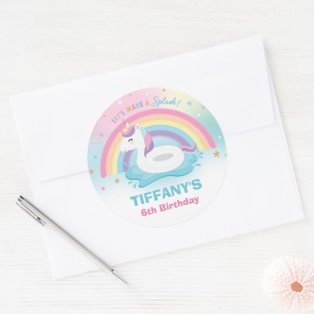 Unicorn Birthday Pool Party Rainbow Unicorn Favour Classic Round Sticker (Envelope)