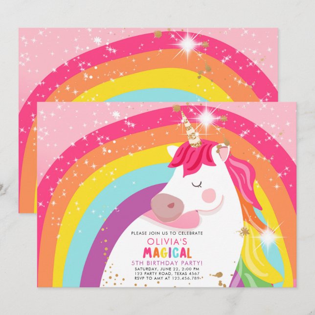 Unicorn Birthday Rainbow Party Magical Girl Invita Invitation (Front/Back)
