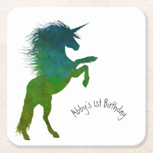 Unicorn, Birthday Square Paper Coaster