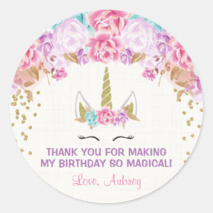 Unicorn birthday stickers, pink and gold classic round sticker