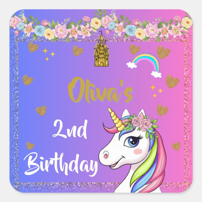 Unicorn Birthday Stickers | Rainbow Unicorn Party  (Front)
