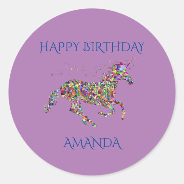 Unicorn birthday stickers with child's name. (Front)