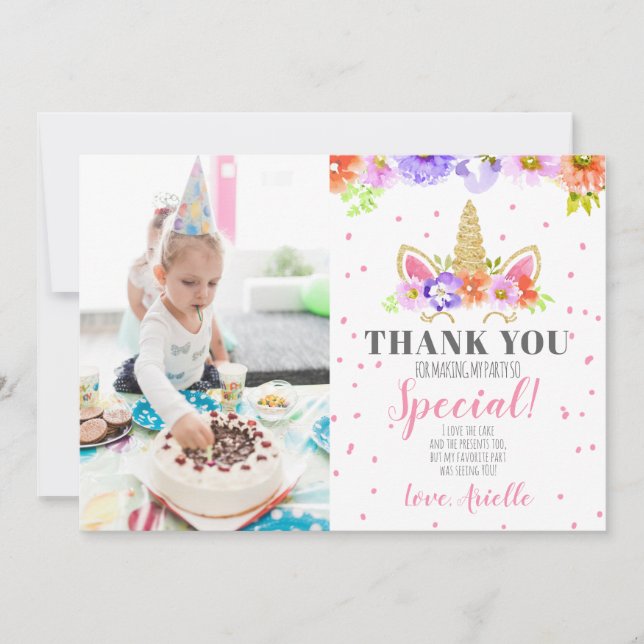 Unicorn Birthday Thank You Card Pink (Front)