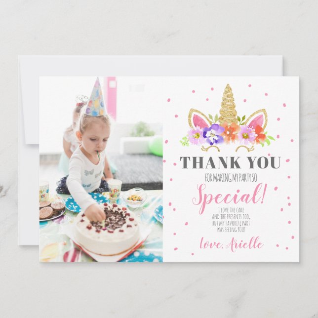 Unicorn Birthday Thank You Card Pink (Front)