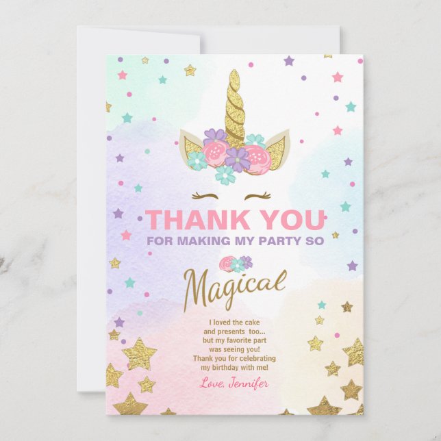 Unicorn Birthday Thank you card Pink Gold Magical (Front)