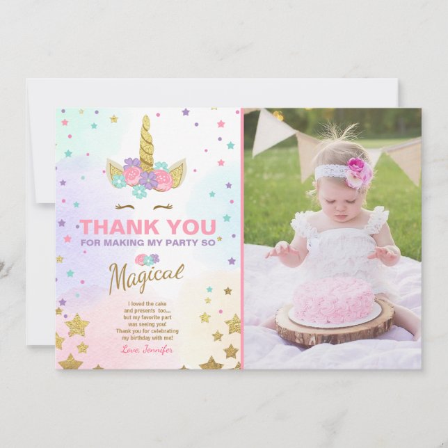 Unicorn Birthday Thank you card Pink Gold Magical (Front)