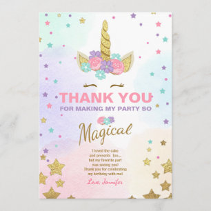 Unicorn Birthday Thank you card Pink Gold Magical
