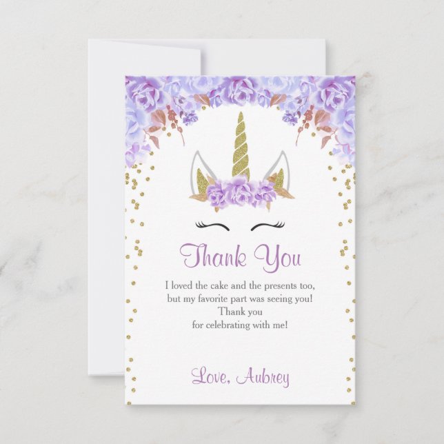 Unicorn birthday thank you card, purple and gold card (Front)