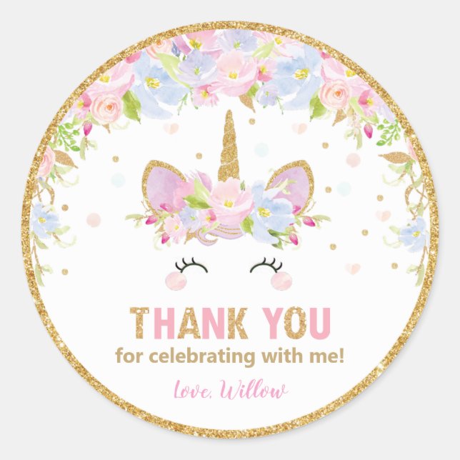 Unicorn Birthday Thank You Favour Sticker Labels (Front)