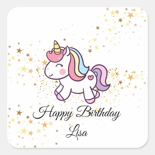 unicorn birthday theme square sticker (Front)