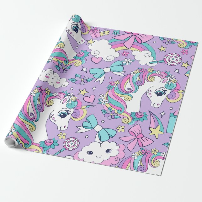 Unicorn Birthday Wrapping Paper (Unrolled)