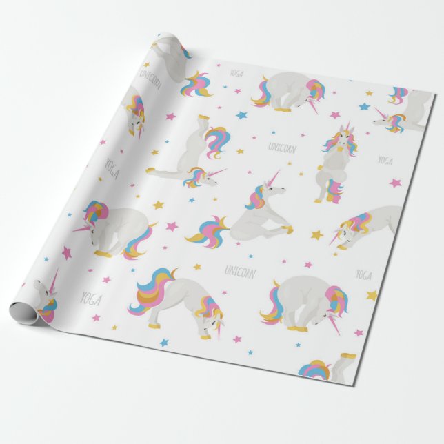 Unicorn Birthday yoga cute fun white whimsical Wrapping Paper (Unrolled)