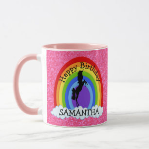 Unicorn Black Happy  BIRTHDAY Pink Glitter Mug