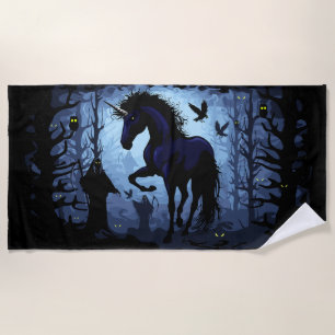 Unicorn Black Magic Fairy in Dark Forest Beach Towel