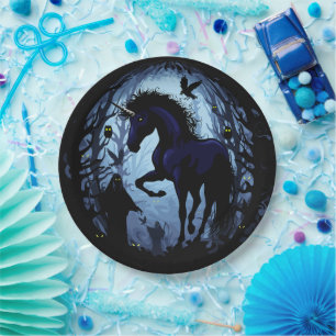Unicorn Black Magic Fairy in Dark Forest Paper Plate