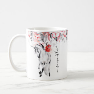 Unicorn Black Red Rose Monogram name  Coffee Mug