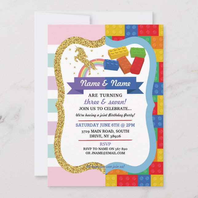 Unicorn & Blocks Joint Boy Girl Birthday Invites (Front)