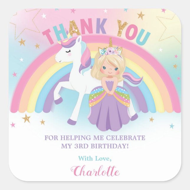 Unicorn Blonde Princess Birthday Thank You Favour Square Sticker (Front)