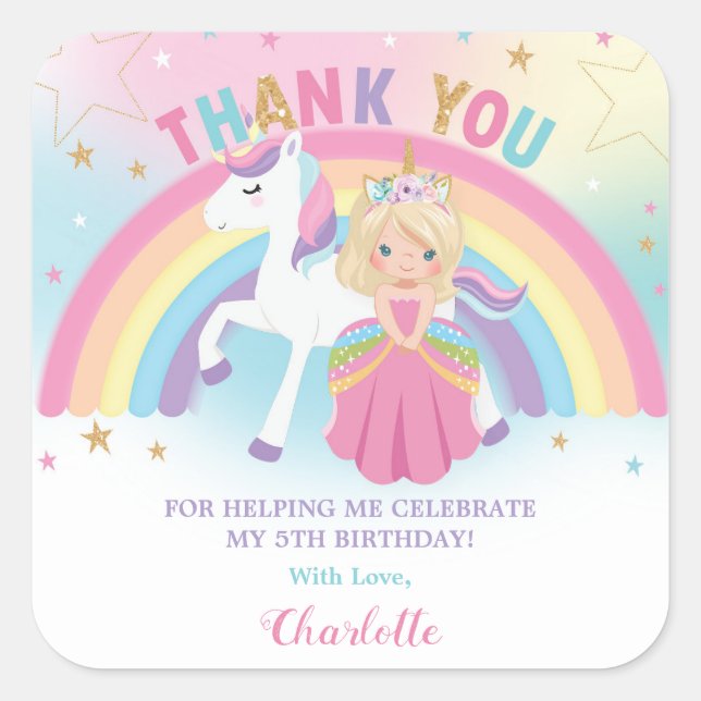 Unicorn Blonde Princess Birthday Thank You Favour Square Sticker (Front)