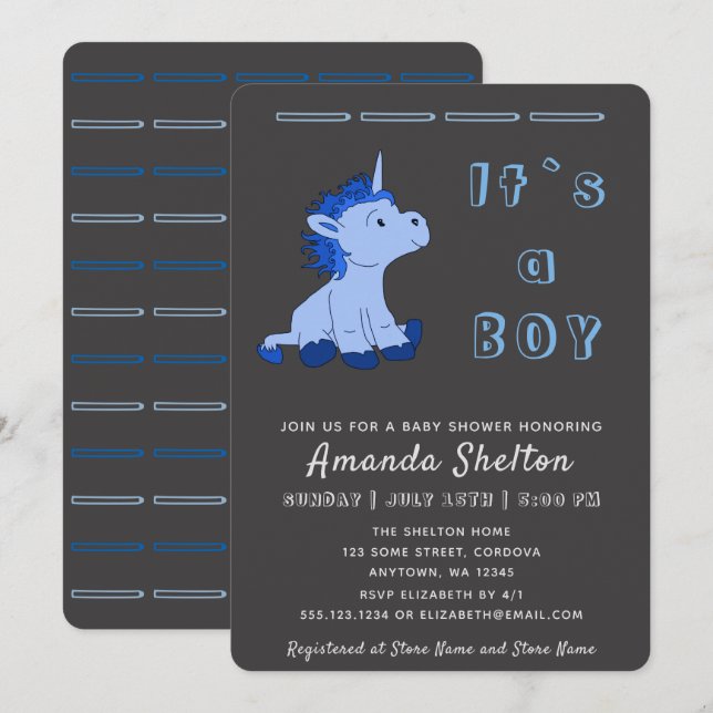 Unicorn Blue Baby Boy Shower Invitation Card (Front/Back)