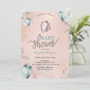 Unicorn Blue Butterflies Baby Shower Invitation