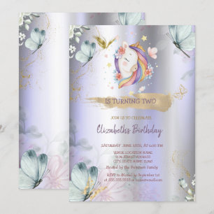 Unicorn Blue Butterflies Violet Metallic Birthday  Invitation