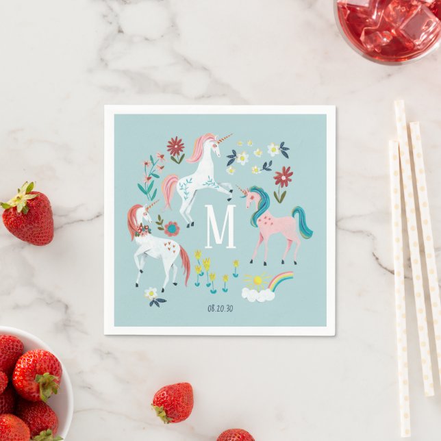 Unicorn blue cute magical girls monogram birthday napkin (Insitu)