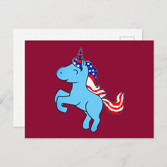 Unicorn Blue Patriotic USA Flag Mane Cartoon Postcard (Front/Back)