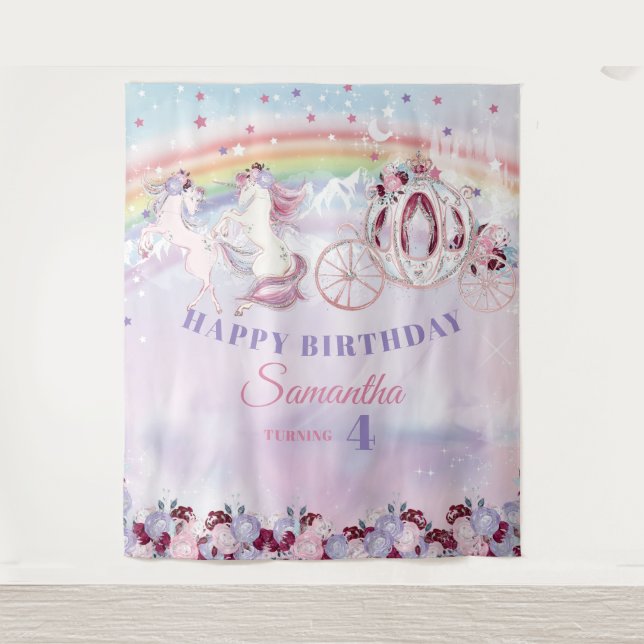 Unicorn Blush Burgundy Purple Birthday Backdrop Tapestry (Front)