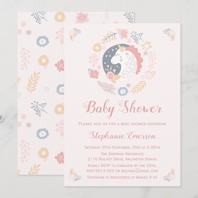 Unicorn Blush Florals Baby Shower Invitations (Front/Back)