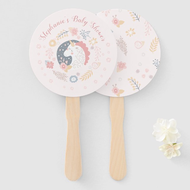 Unicorn Blush Florals Baby Shower Invitations Hand Fan (Front and Back)