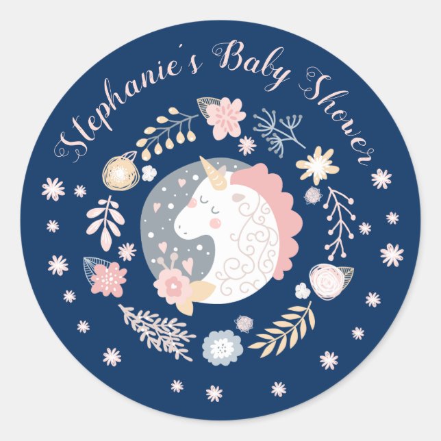 Unicorn Blush & Navy Baby Shower Personalised Classic Round Sticker (Front)