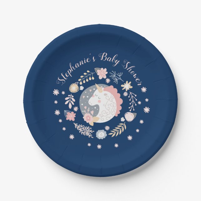 Unicorn Blush & Navy Baby Shower Personalised Paper Plate (Front)