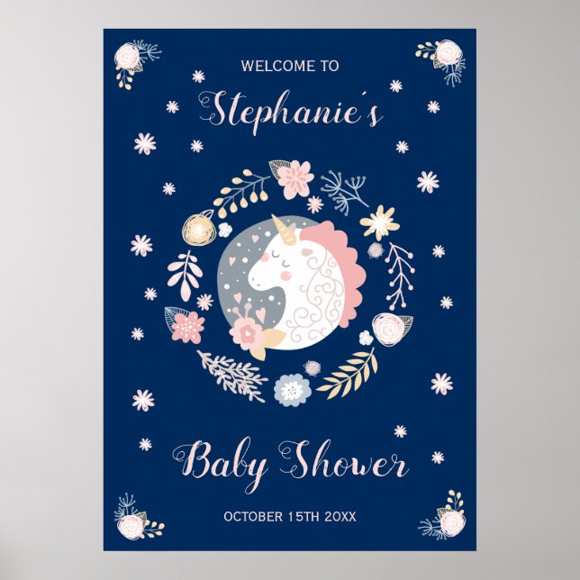 Unicorn Blush & Navy Baby Shower Personalised Poster (Front)