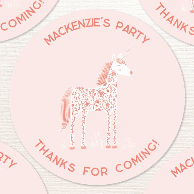 Unicorn Blush Pink Birthday Thank You Classic Round Sticker (Fun unicorn blush pink custom text personalized kids birthday party thank you sticker)
