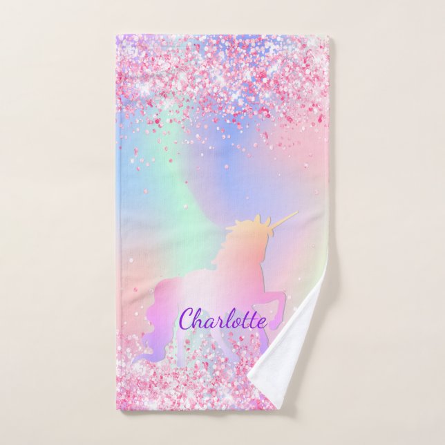 Unicorn blush pink purple name girl bath towel set (Hand Towel)