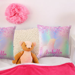 Unicorn blush pink purple name script cushion