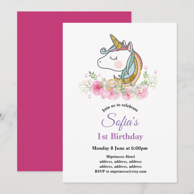 unicorn, boho, floral birthday party invitation (Front/Back)