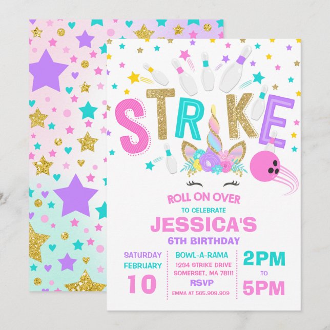 Unicorn Bowling Invitation Bowling Birthday Party (Front/Back)