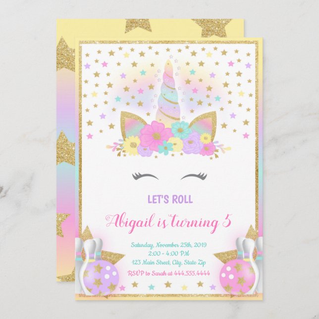 Unicorn Bowling Invitation, Unicorn Party, Bowling Invitation (Front/Back)