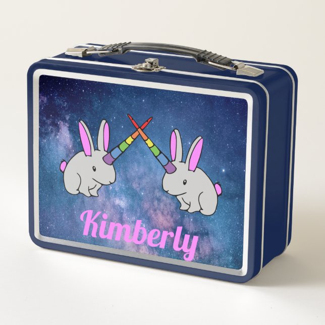 Unicorn Bunnies Pink Purple Space Cute Fun Girl Metal Lunch Box (Front)