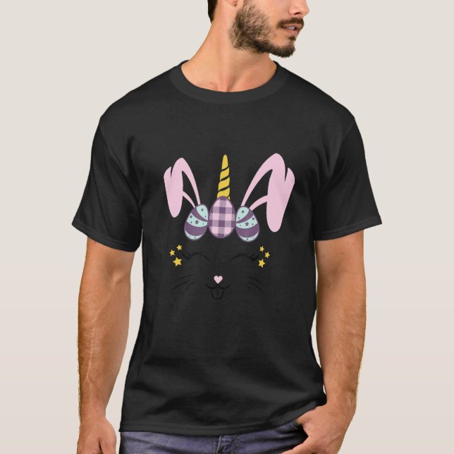 Unicorn Bunny Face Eggs Plaid Happy Easter Women G T-Shirt (Front)