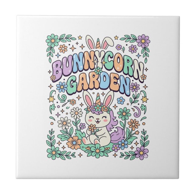 Unicorn Bunnycorn Garden Kawaii Typography Design_ Tile (Front)