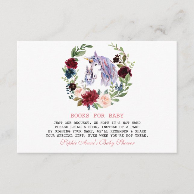 Unicorn Burgundy Flowers Books For Baby Shower Enclosure Card (Front)