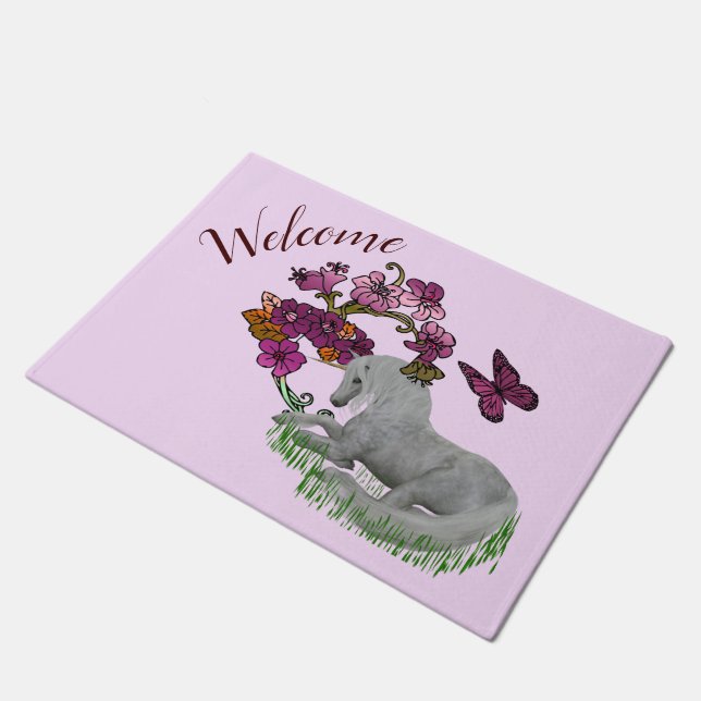 Unicorn Butterflies And Flowers Personalised  Doormat (Angled)