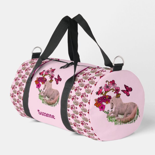 Unicorn Butterflies And Flowers Personalised Duffle Bag (Left Corner)