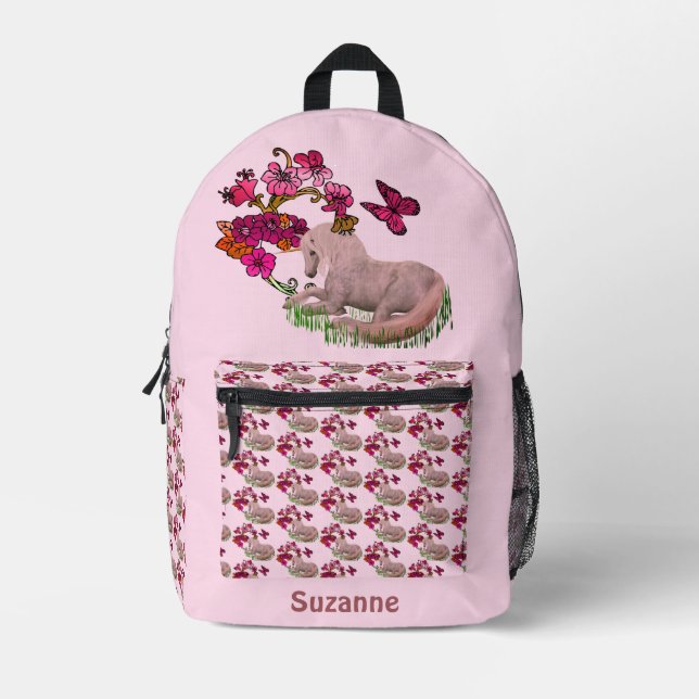 Unicorn Butterflies And Flowers Personalised Printed Backpack (Front)